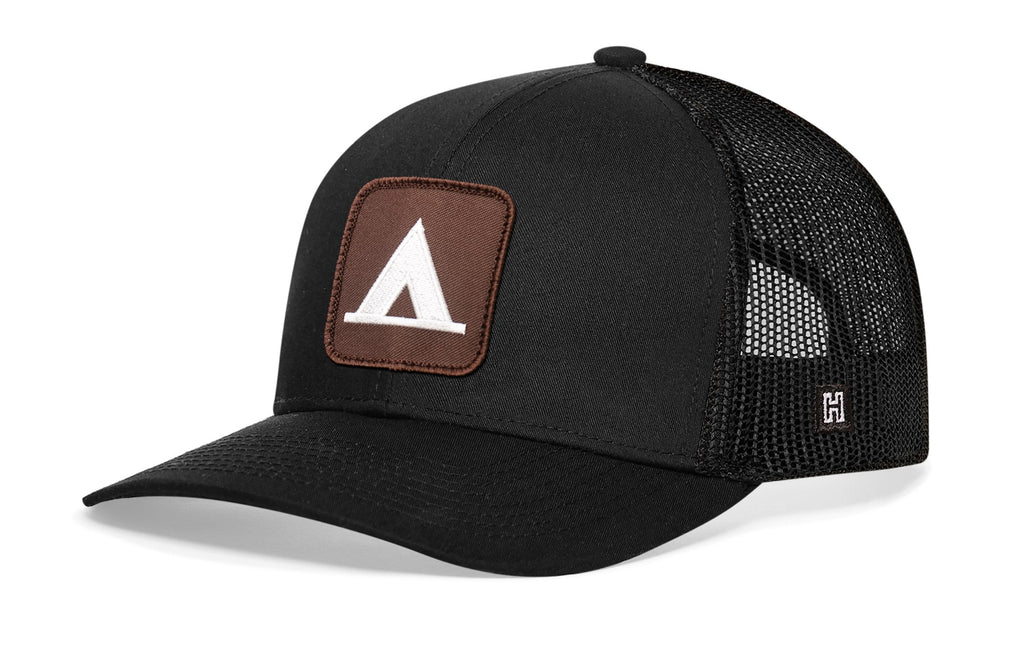 Tent Trucker Hat  |  Black Campground Trail Signs Snapback