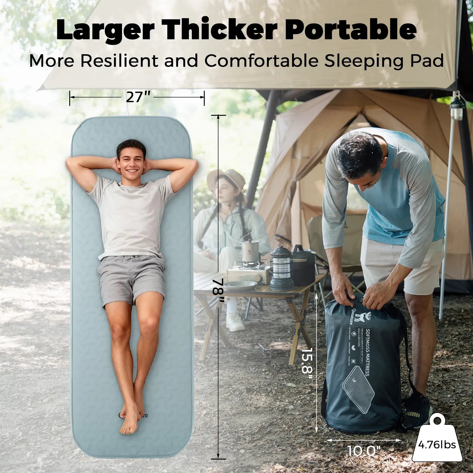 4" Thick Portable Inflating Sleeping Pad with Foam for Camping